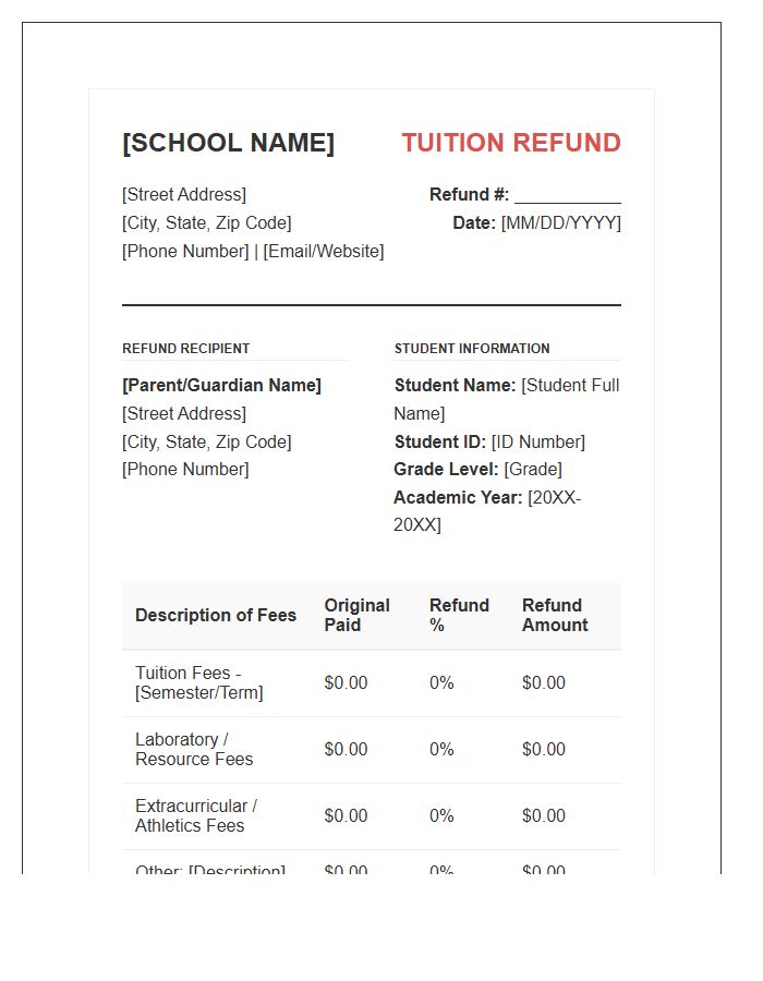 Standard Private School Tuition Refund Invoice Template