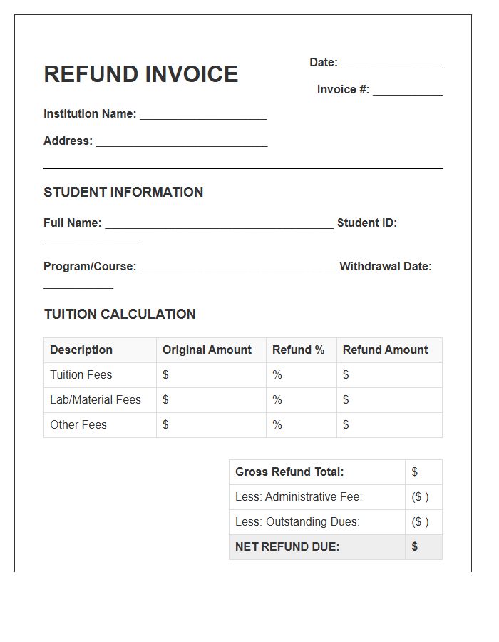 Student Tuition Withdrawal Refund Invoice Template