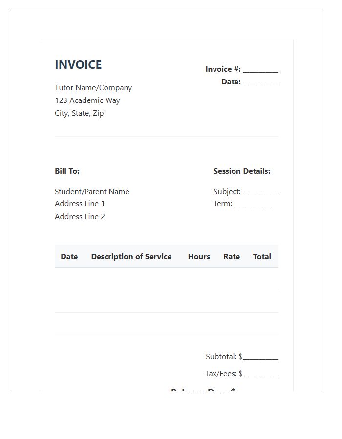 Academic Tutoring Session Invoice Template