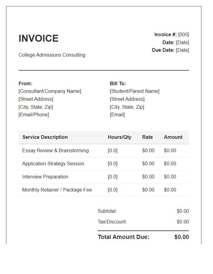 College Admissions Coaching Invoice Template