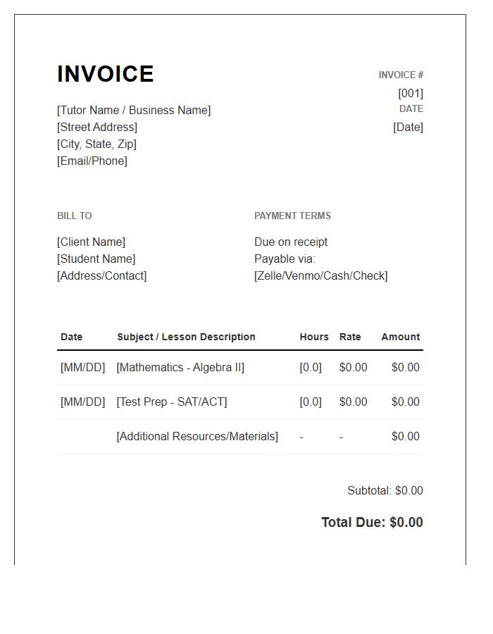 Home Tutoring Business Invoice Template