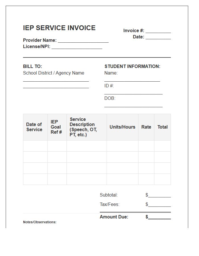 Individualized Education Program Invoice Template