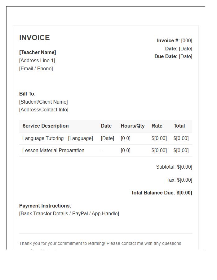 Language Teacher Services Invoice Template