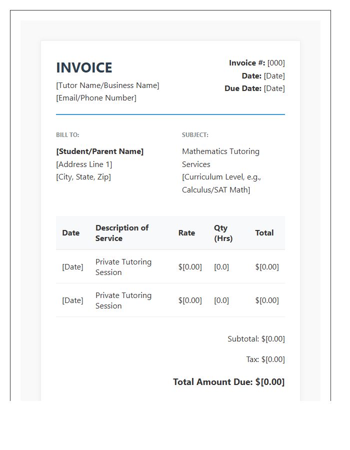 Math Tutoring Professional Invoice Template