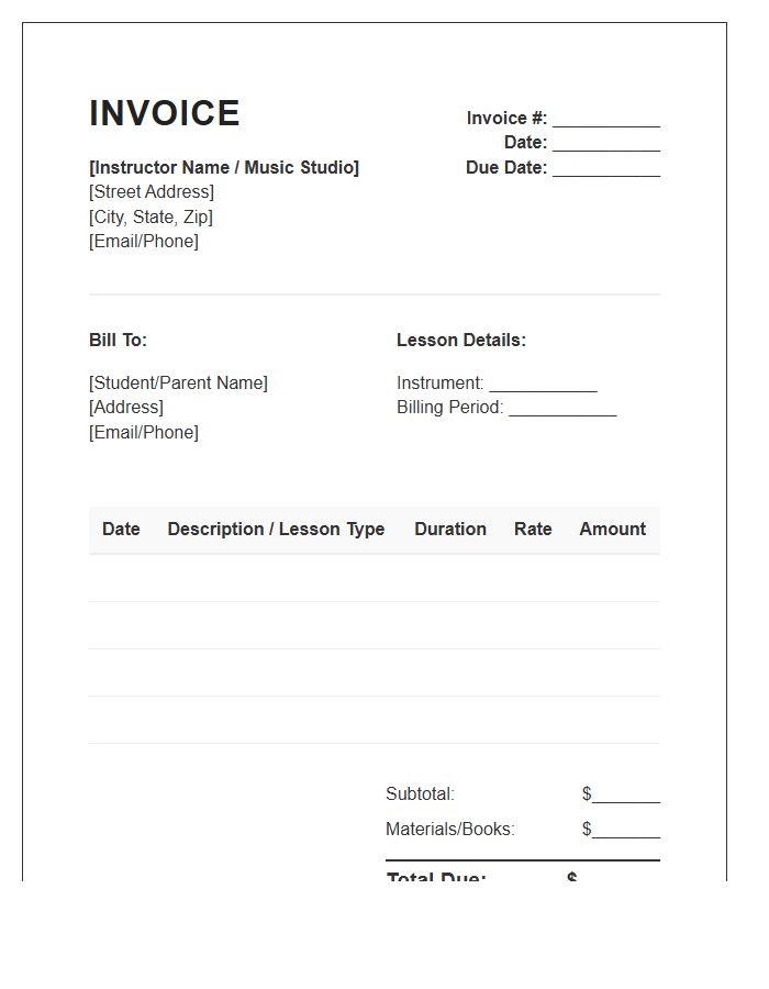 Music Lesson Billing Invoice Template