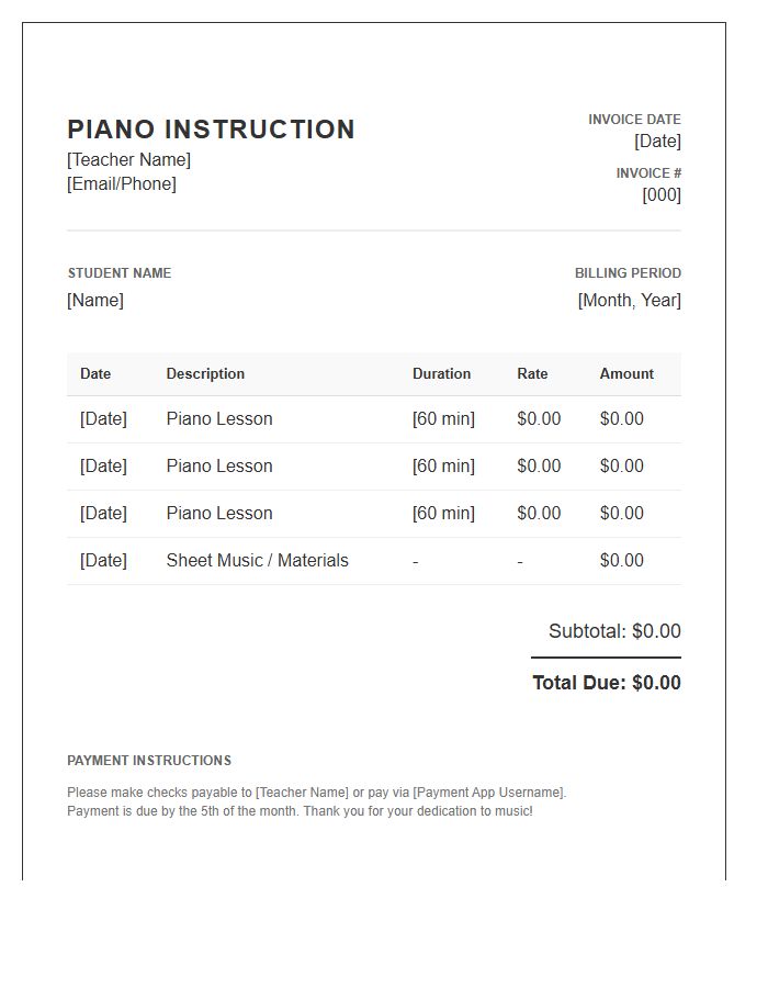 Piano Teacher Monthly Invoice Template