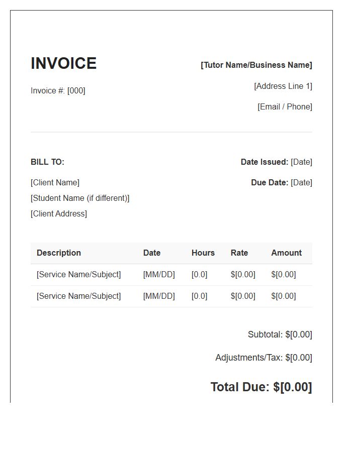 Private Tutor Service Invoice Template