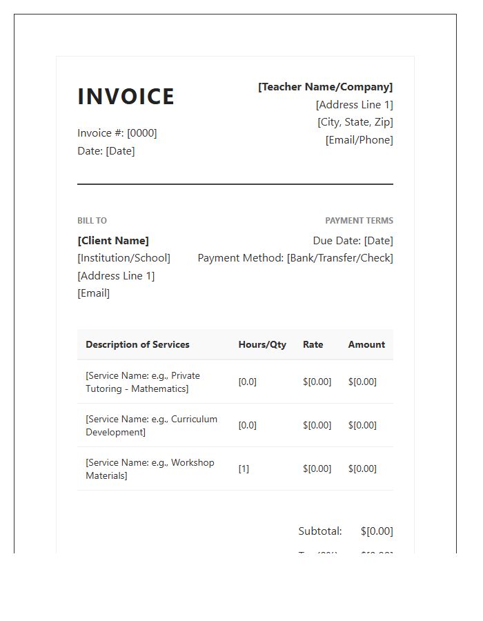 Professional Teaching Services Invoice Template