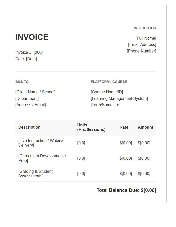 Remote Learning Instructor Invoice Template