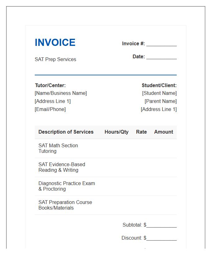 SAT Exam Preparation Invoice Template