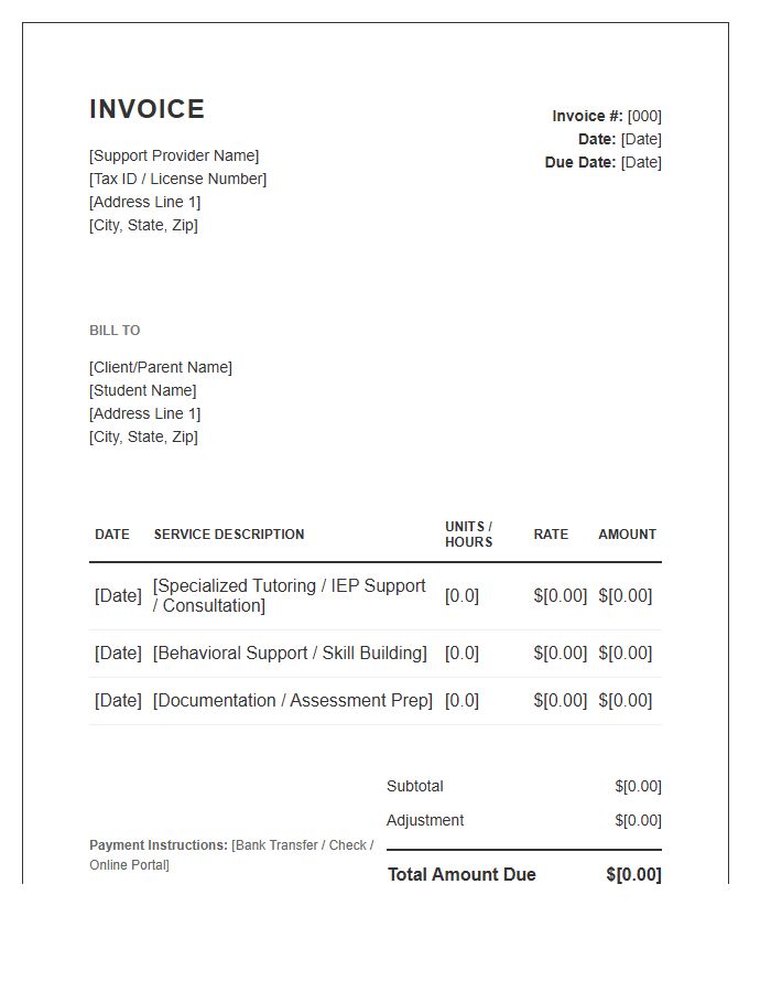 Specialized Learning Support Invoice Template