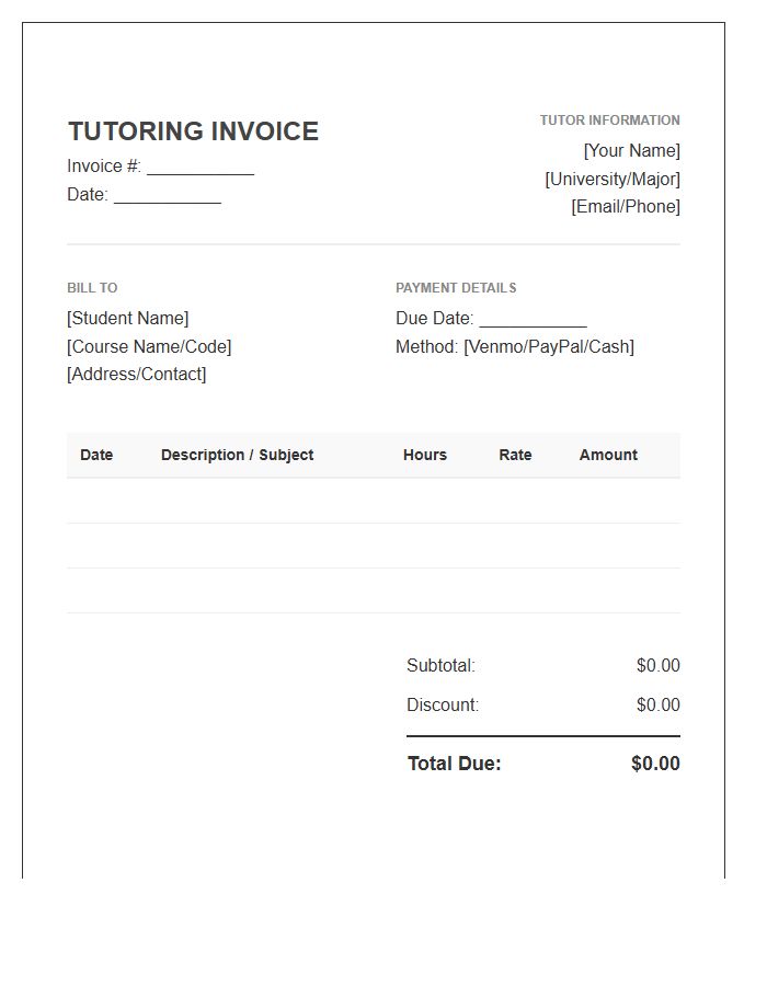 University Student Tutoring Invoice Template