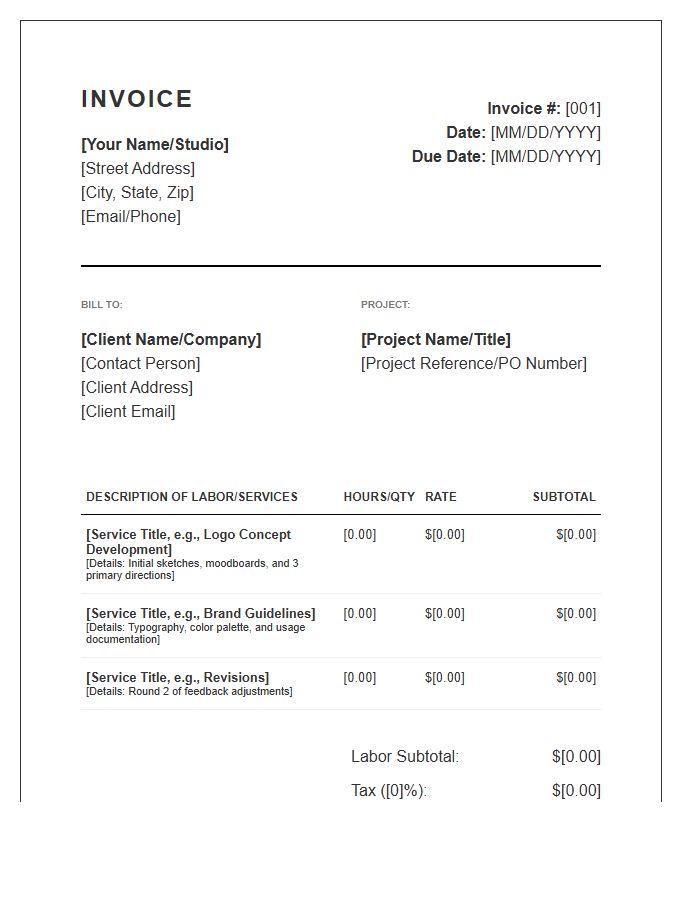Detailed Freelance Graphic Design Labor Invoice Template