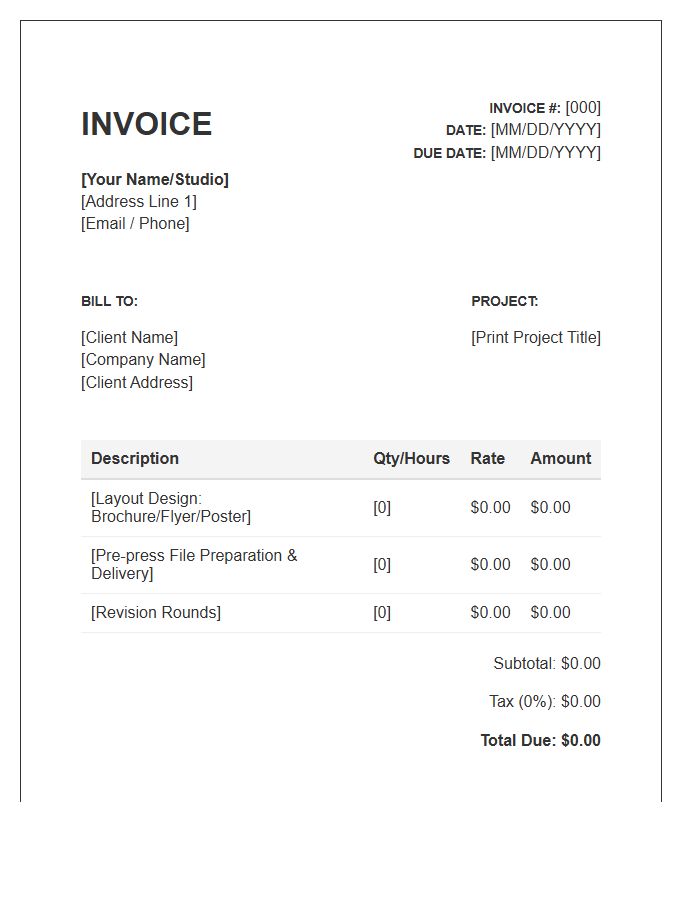 Freelance Graphic Design Print Media Invoice Template