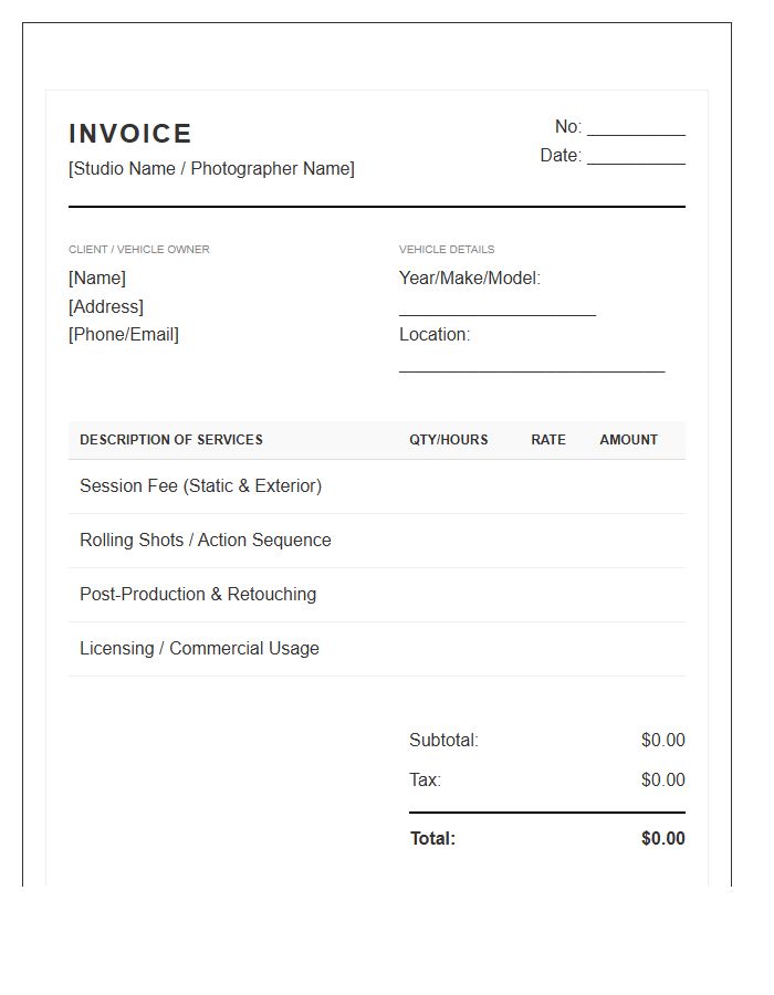 Automotive Photography Session Invoice Template
