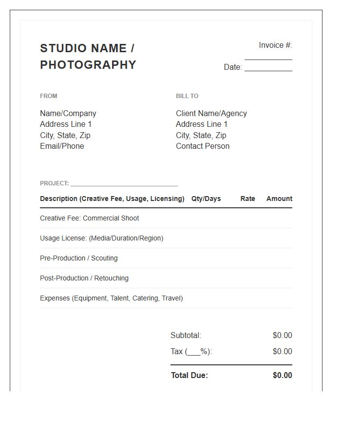 Commercial Advertising Photography Invoice Template
