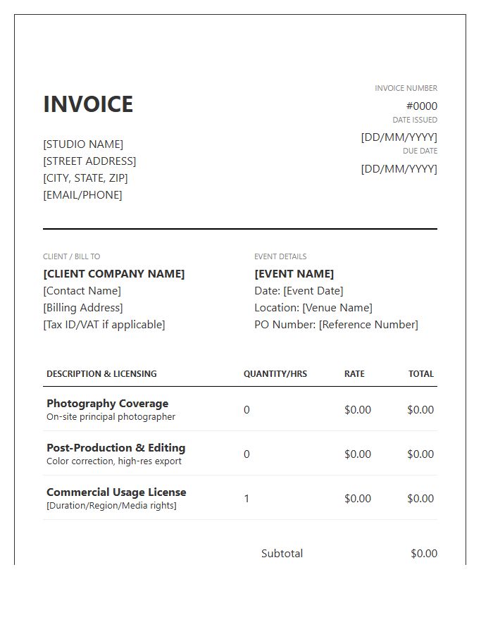 Commercial Event Photography Invoice Template