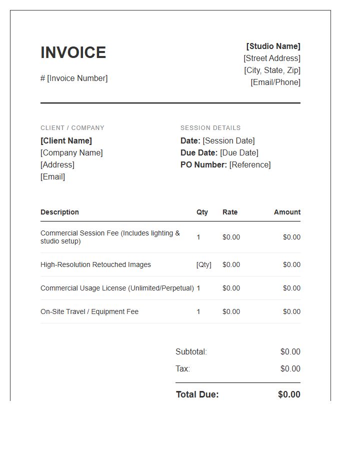 Commercial Headshot Session Invoice Template