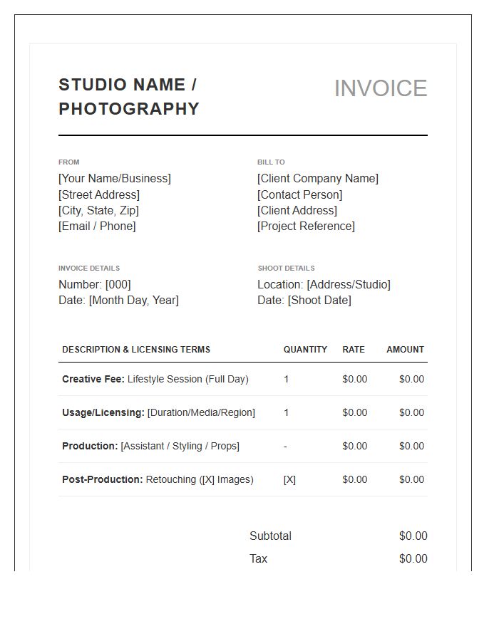 Commercial Lifestyle Photography Invoice Template