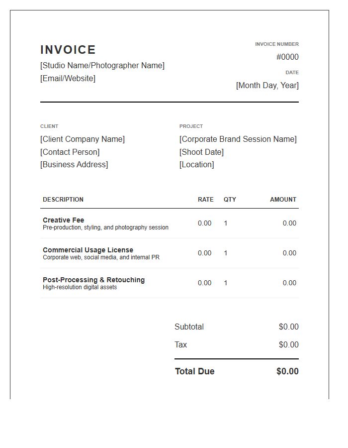 Corporate Brand Photography Invoice Template