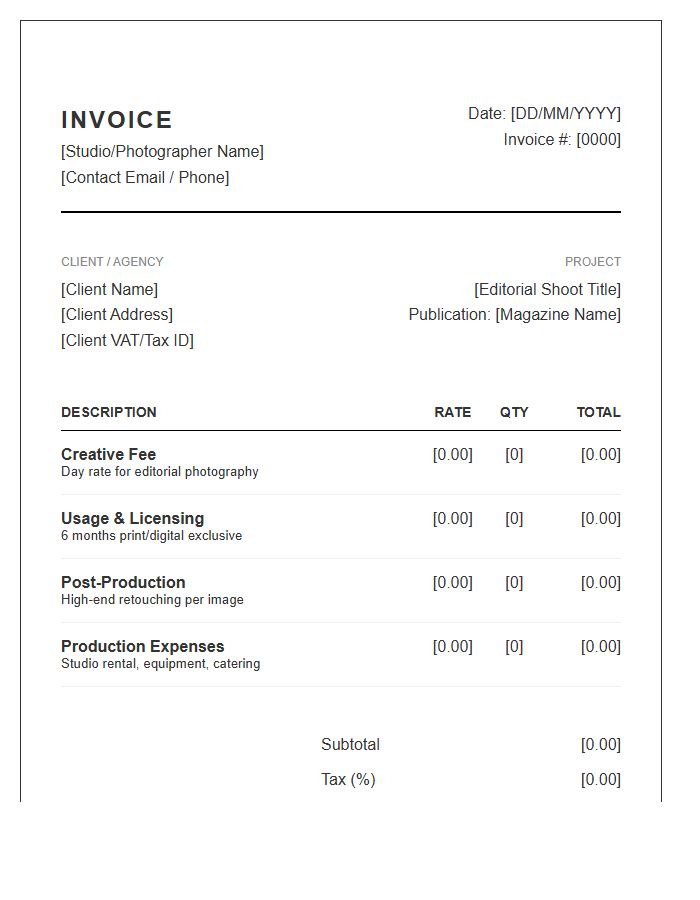 Editorial Photography Session Invoice Template