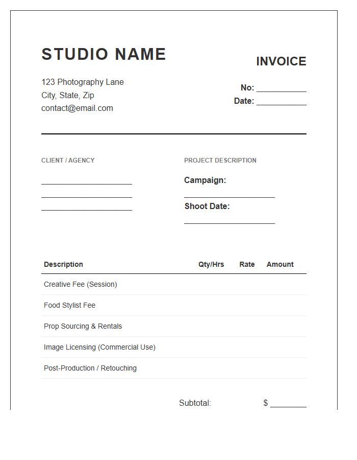 Food Photography Commercial Session Invoice Template