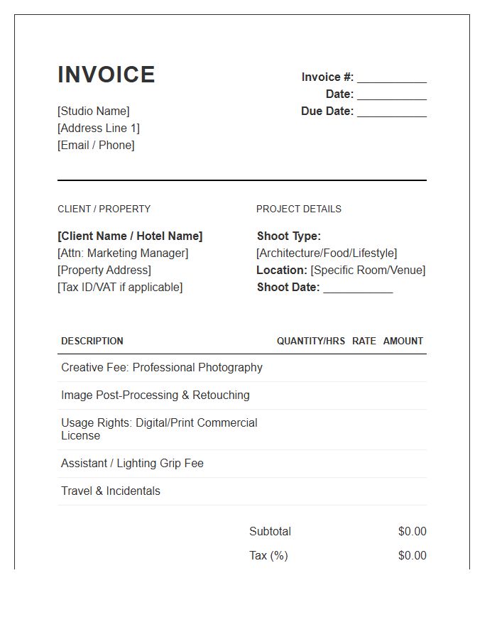 Hospitality Industry Photography Invoice Template