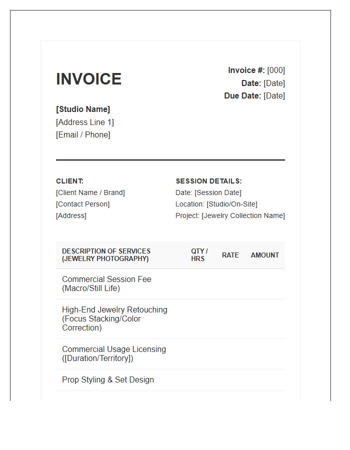 Jewelry Photography Commercial Session Invoice Template