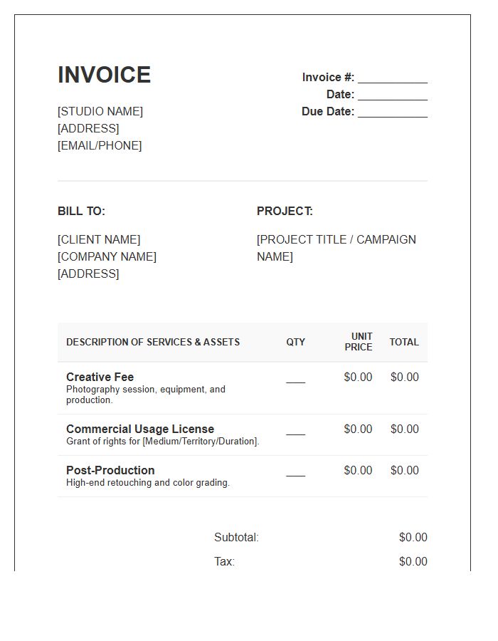 Portrait Photography Commercial Usage Invoice Template