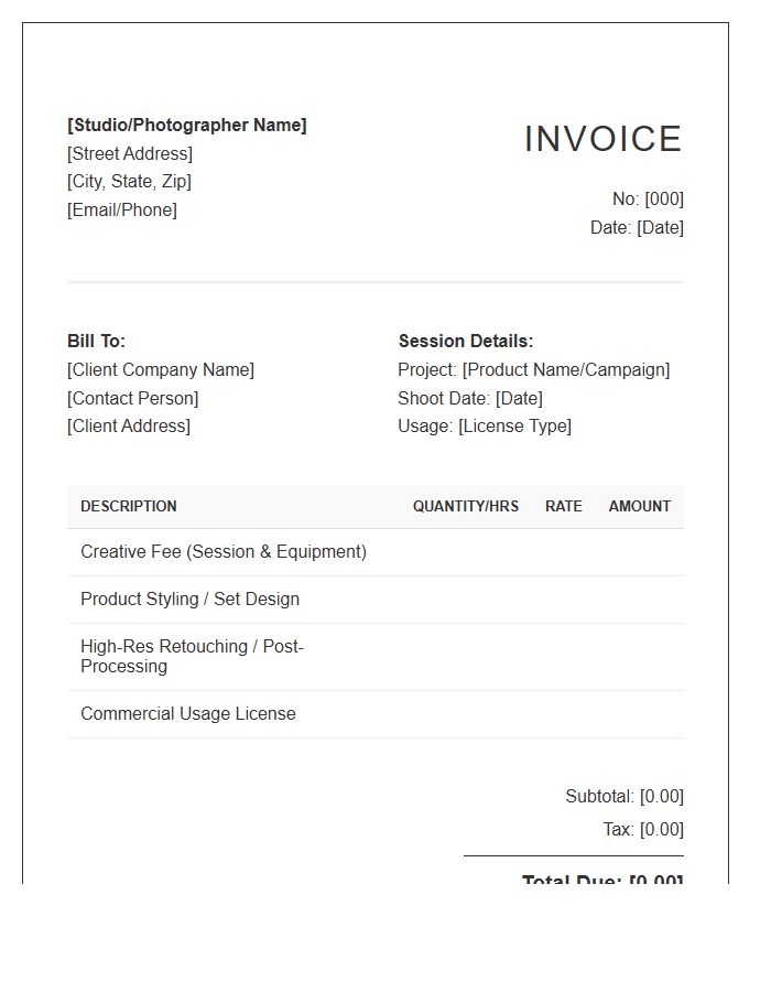 Product Photography Commercial Session Invoice Template