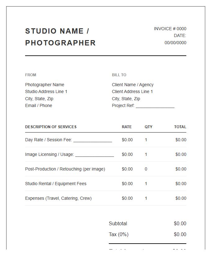 Professional Fashion Photography Session Invoice Template