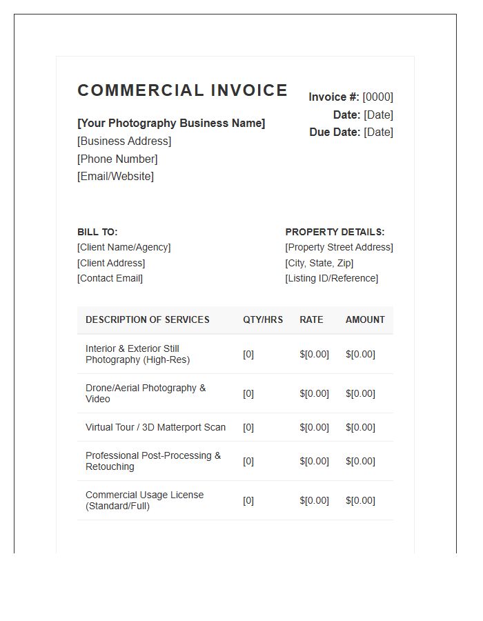 Real Estate Photography Commercial Invoice Template