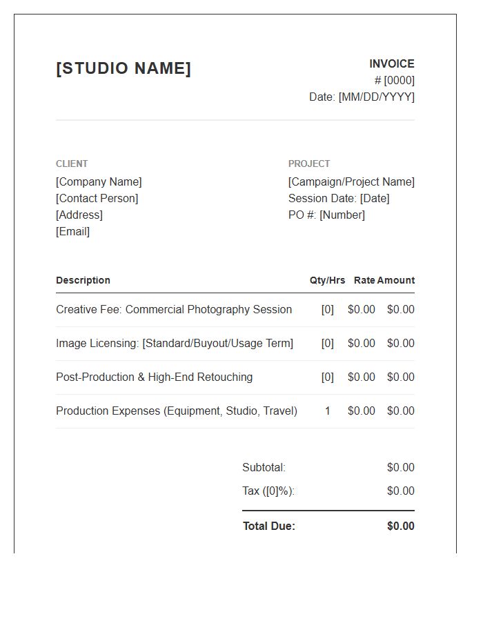 Commercial Photography Session Client Invoice Template