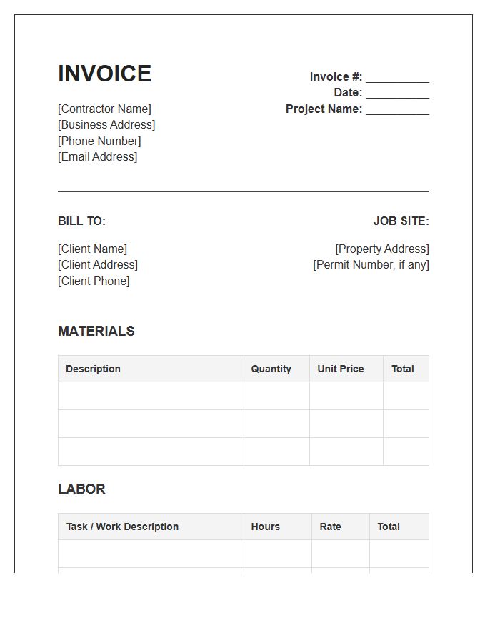 Construction Contractor Materials And Labor Invoice Template