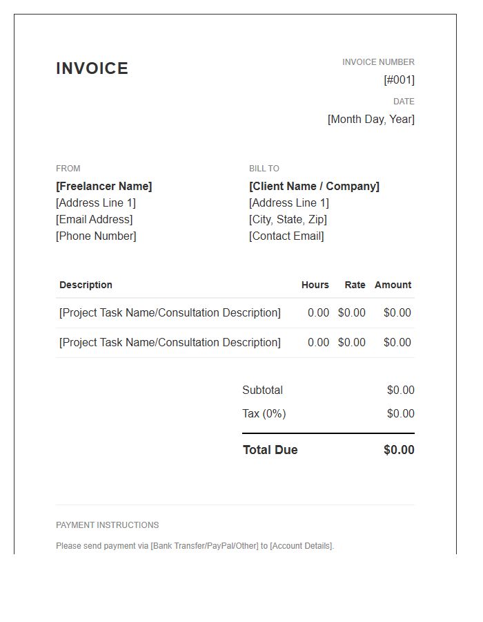 Freelance Consultant Hourly Billing Invoice Template