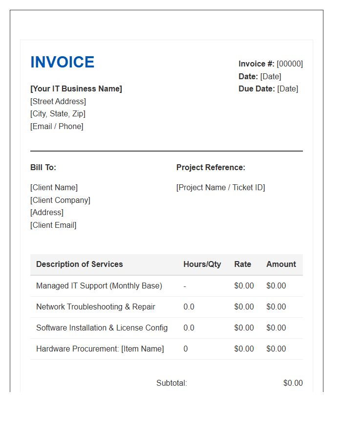 Information Technology Support Service Invoice Template