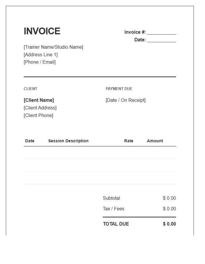 Personal Fitness Trainer Session Invoice Template