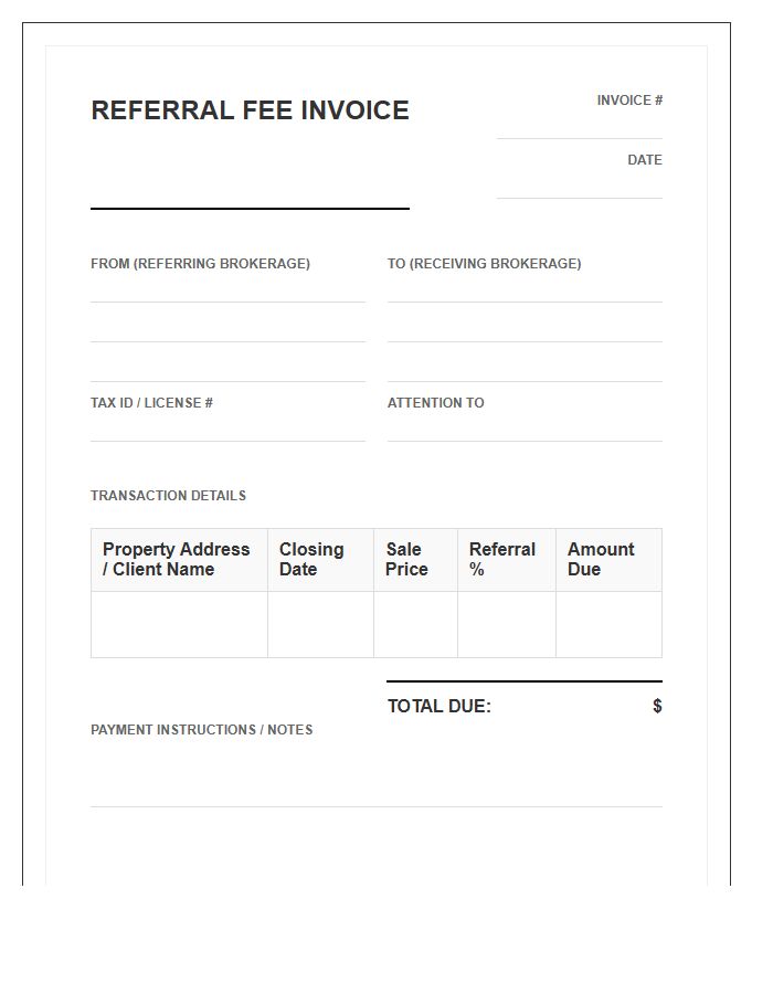 Real Estate Agent Referral Fee Invoice Template