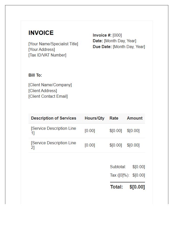 Self Employed Specialist Monthly Invoice Template