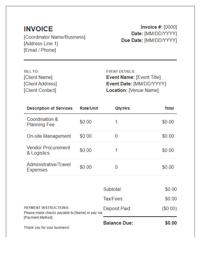 Special Event Coordinator Invoice Template