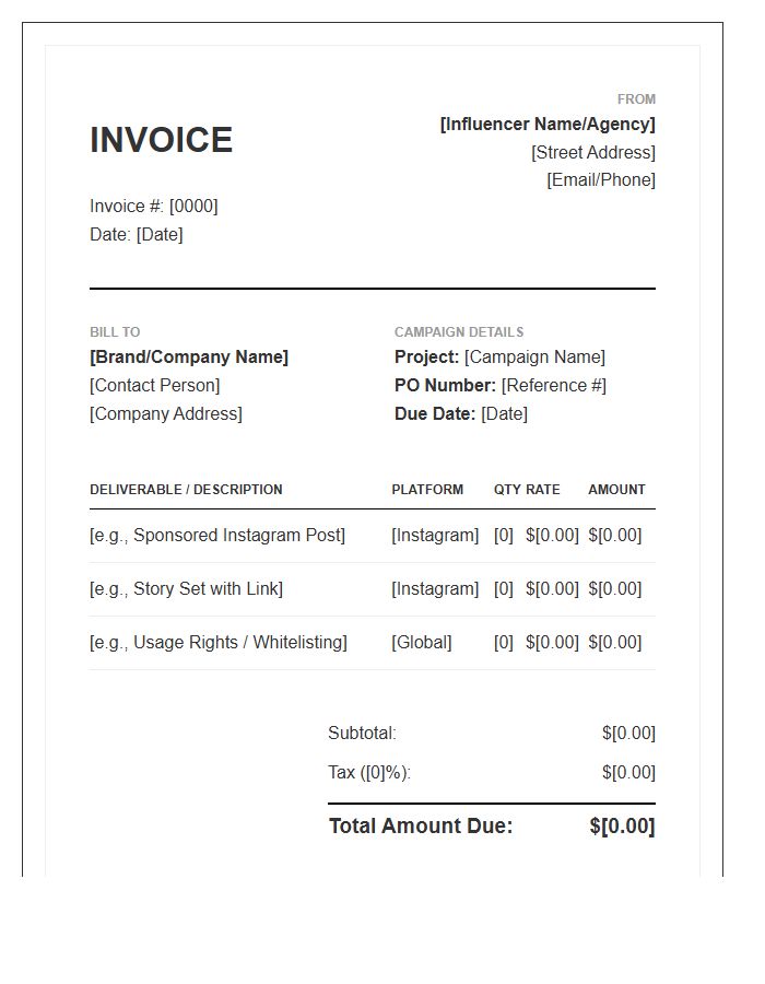 Influencer Marketing Campaign Invoice Template