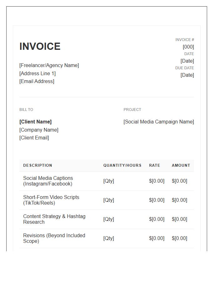 Social Media Copywriting Project Invoice Template