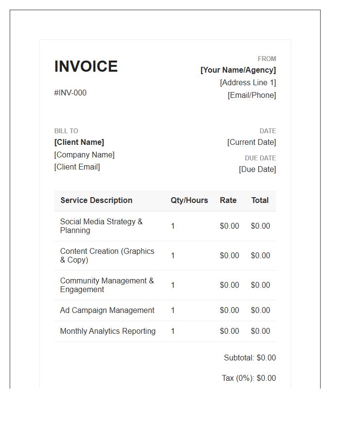 Social Media Management Monthly Invoice Template