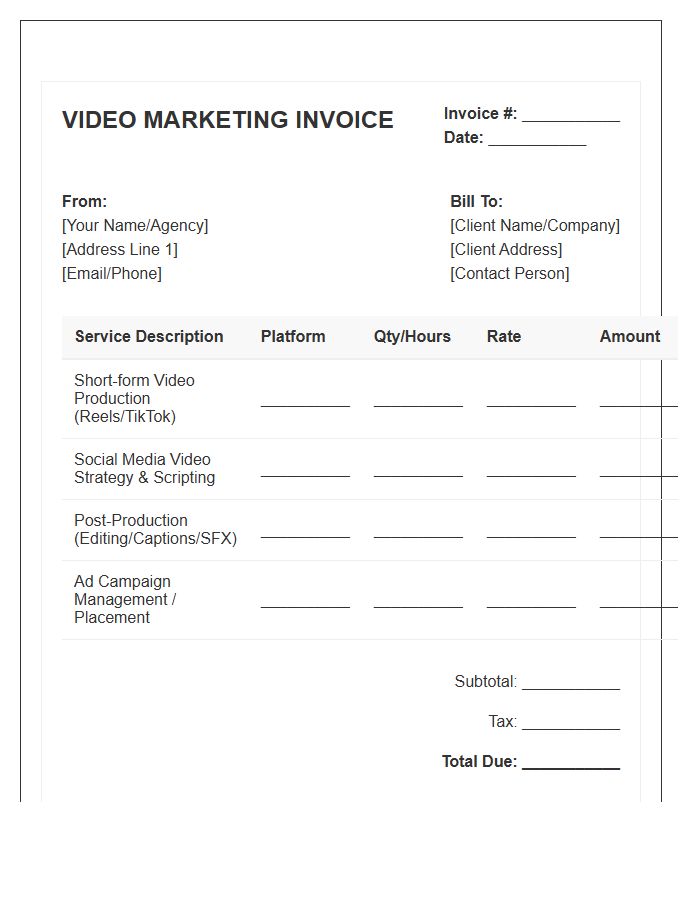 Video Marketing For Social Media Invoice Template
