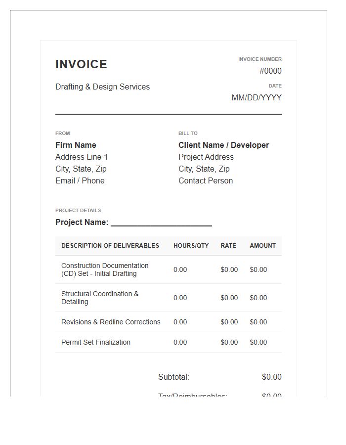 Construction Document Drafting Invoice Template