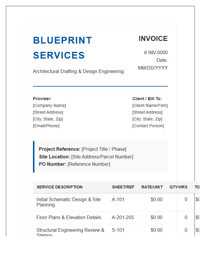 Detailed Blueprint Services Invoice Template