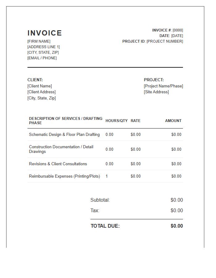 Standard Architectural Drafting Invoice Template