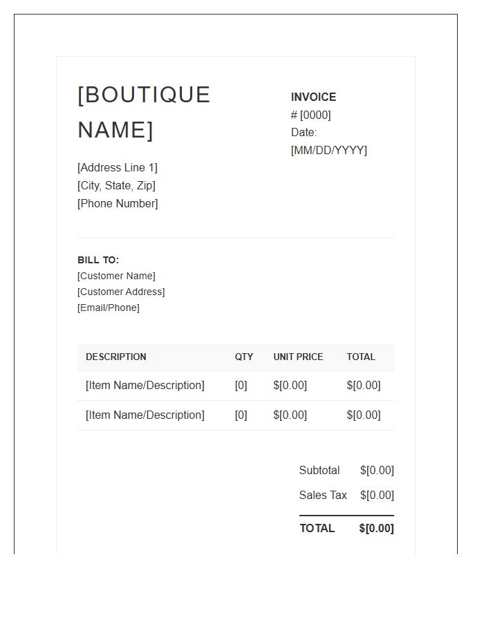 Boutique Shop Customer Billing Invoice Template