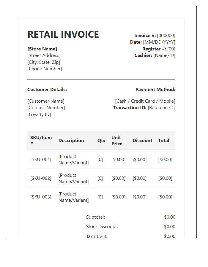 Detailed Retail Sales Transaction Invoice Template