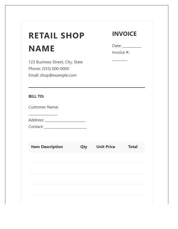 Formal Retail Shop Customer Invoice Template